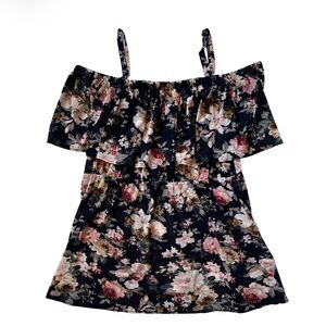 Ivy Rose Elegant Floral Ruffle Blouse Off Shoulders Women’s 2XL Navy Pink Boho